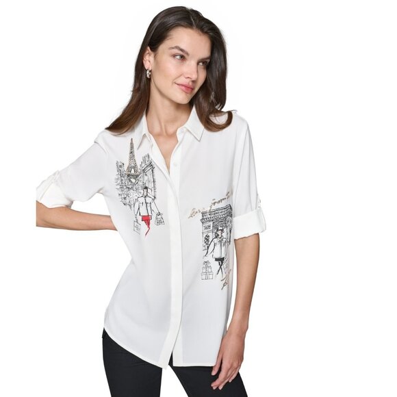 KARL LAGERFELD PARIS Embellished Eiffel Tower Button-Down Top White Size XL $99 - Picture 6 of 6